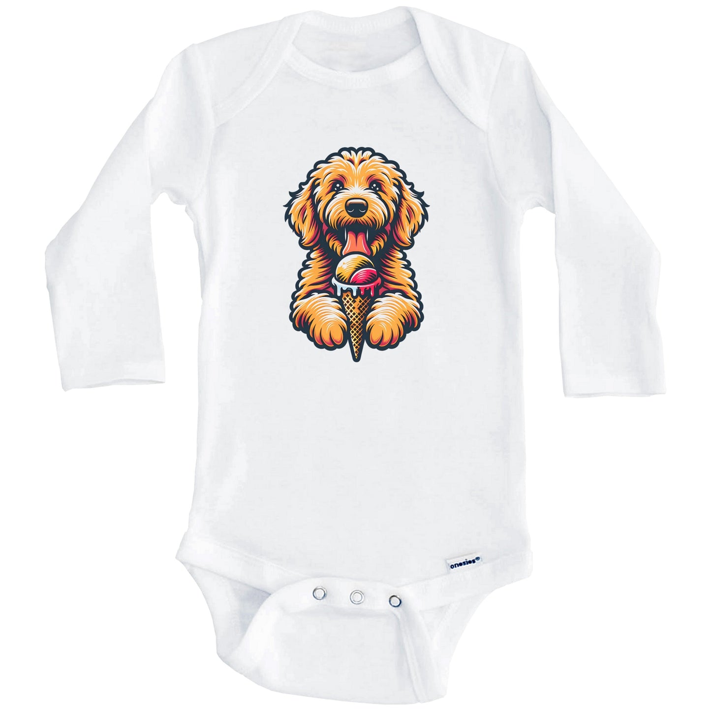 Goldendoodle Eating Ice Cream Cone Cute Dog Baby Bodysuit (Long Sleeves)