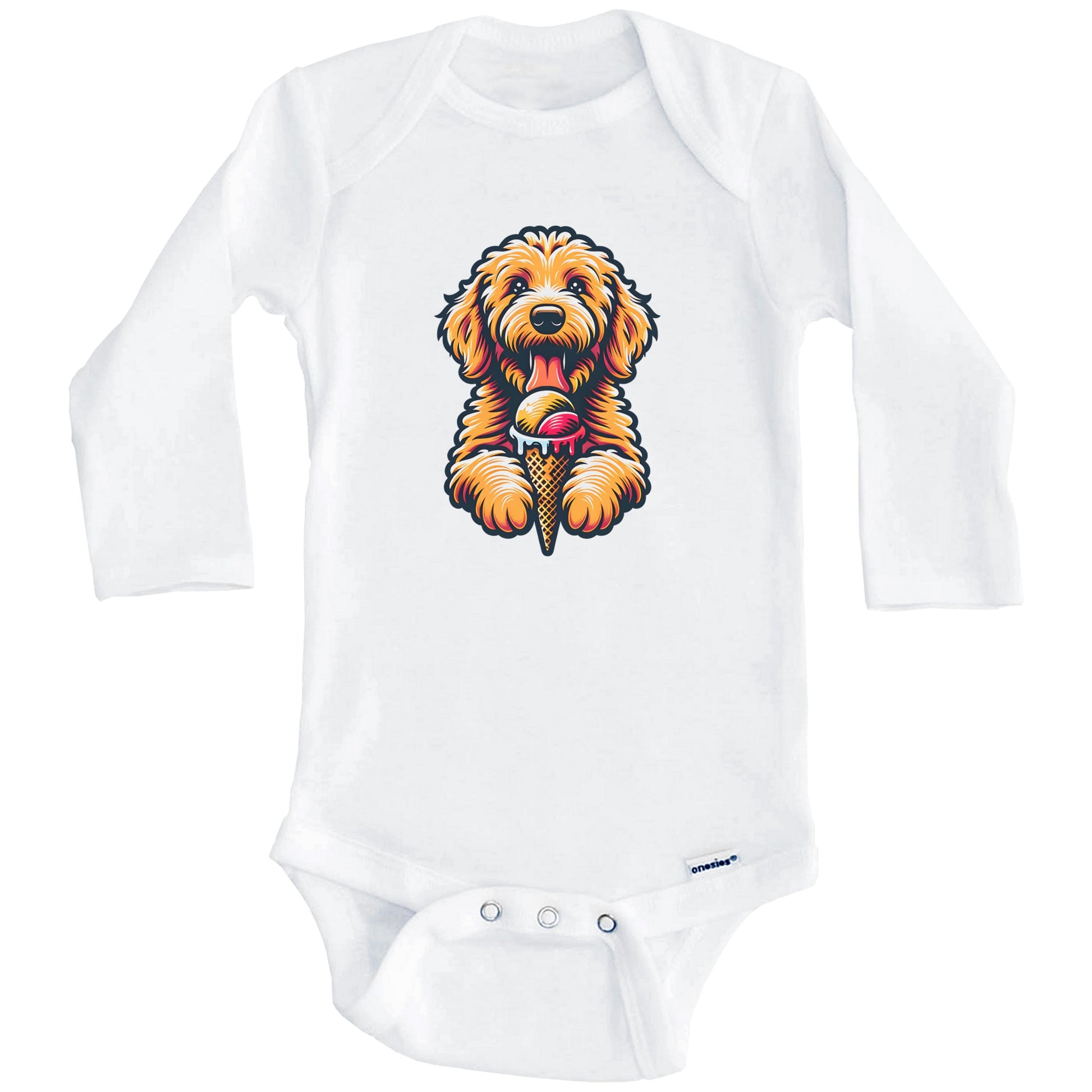 Goldendoodle Eating Ice Cream Cone Cute Dog Baby Bodysuit (Long Sleeves)
