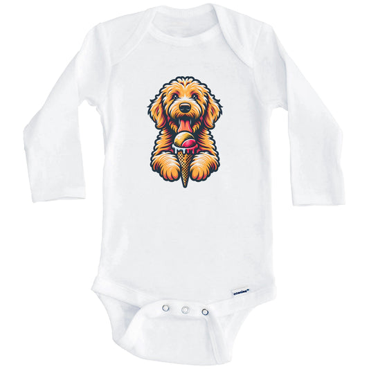 Goldendoodle Eating Ice Cream Cone Cute Dog Baby Bodysuit (Long Sleeves)