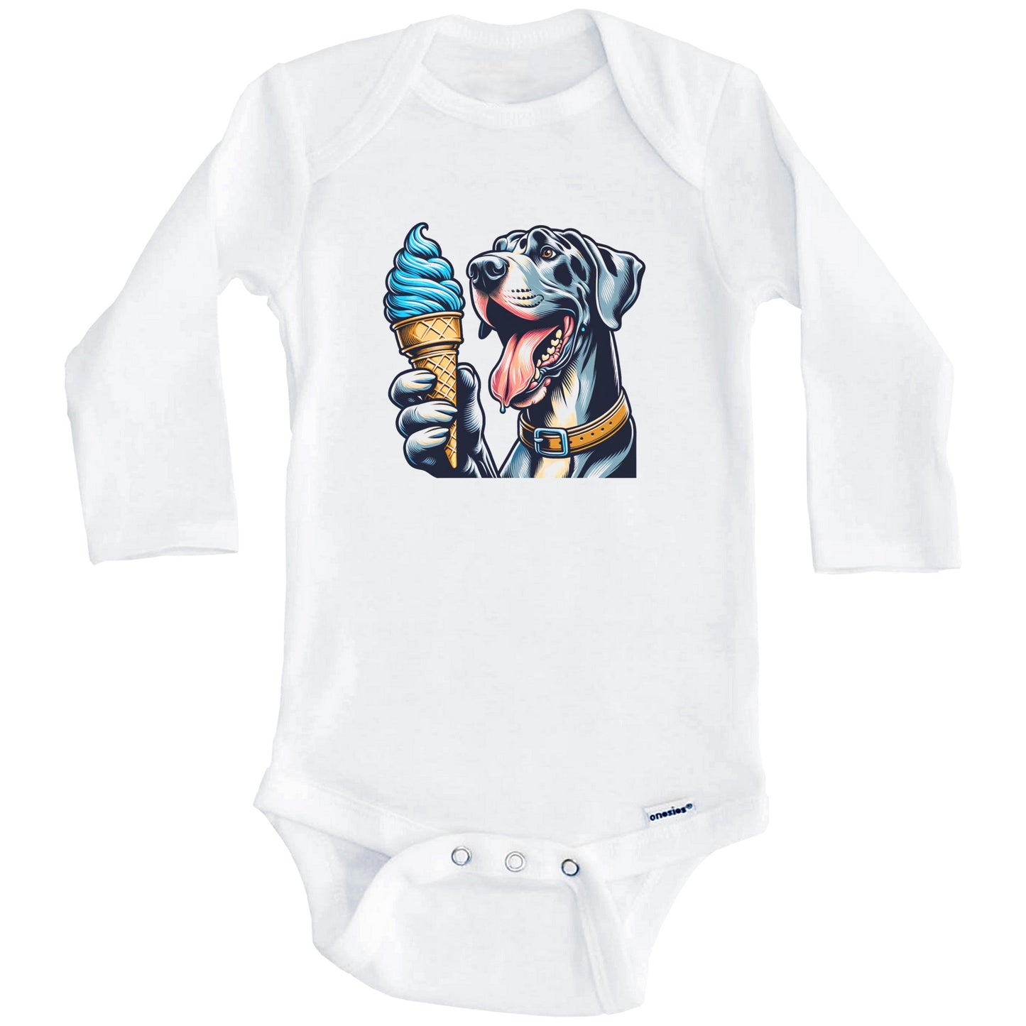Great Dane Eating Ice Cream Cone Cute Dog Baby Bodysuit (Long Sleeves)