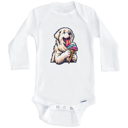 Great Pyrenees Eating Ice Cream Cone Cute Dog Baby Bodysuit (Long Sleeves)
