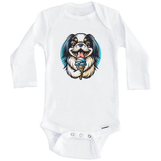Japanese Chin Eating Ice Cream Cone Cute Dog Baby Bodysuit (Long Sleeves)