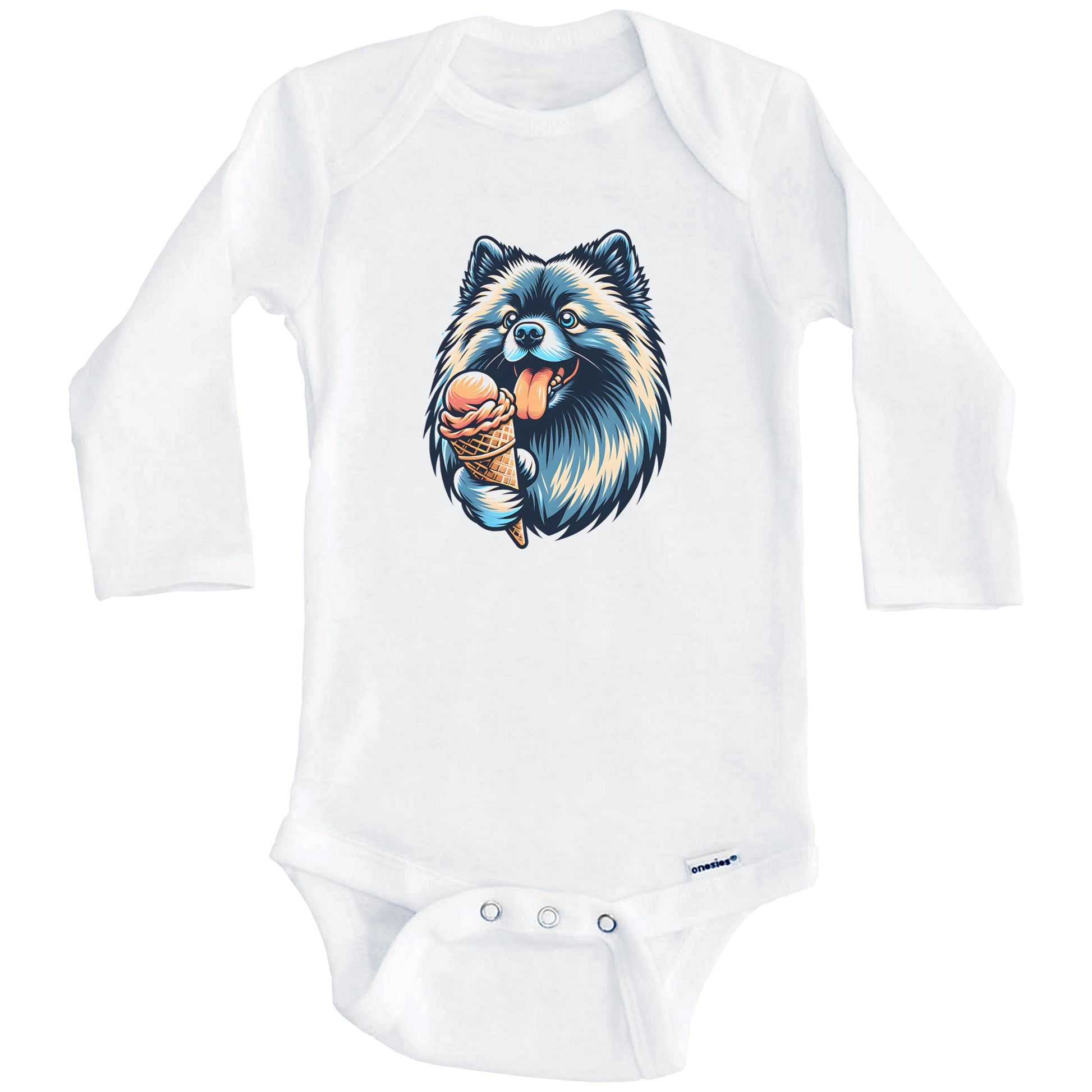 Keeshond Eating Ice Cream Cone Cute Dog Baby Bodysuit (Long Sleeves)