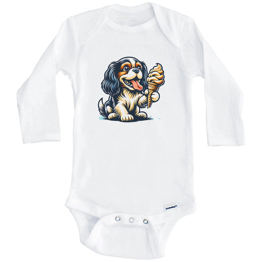 King Charles Spaniel Eating Ice Cream Cone Cute Dog Baby Bodysuit (Long Sleeves)