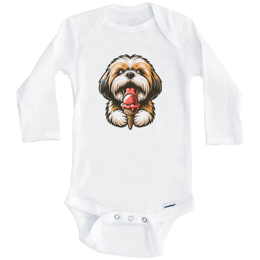 Lhasa Apso Eating Ice Cream Cone Cute Dog Baby Bodysuit (Long Sleeves)