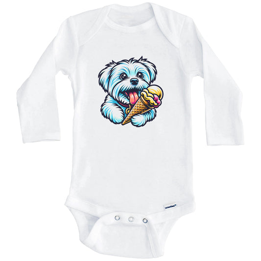 Maltese Eating Ice Cream Cone Cute Dog Baby Bodysuit (Long Sleeves)