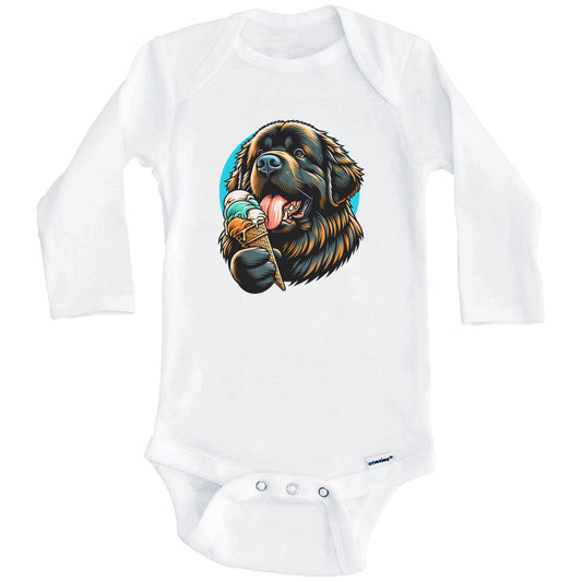 Newfoundland Eating Ice Cream Cone Cute Dog Baby Bodysuit (Long Sleeves)