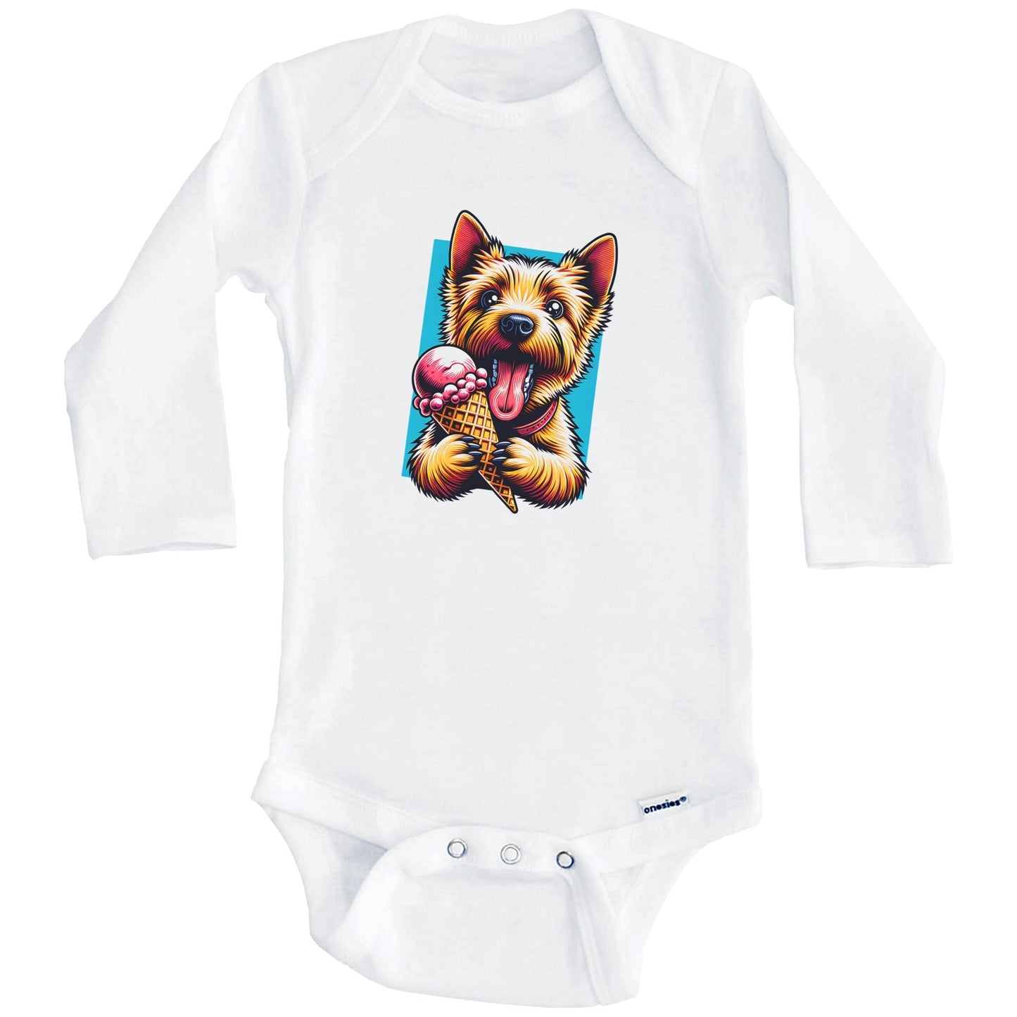 Norwich Terrier Eating Ice Cream Cone Cute Dog Baby Bodysuit (Long Sleeves)
