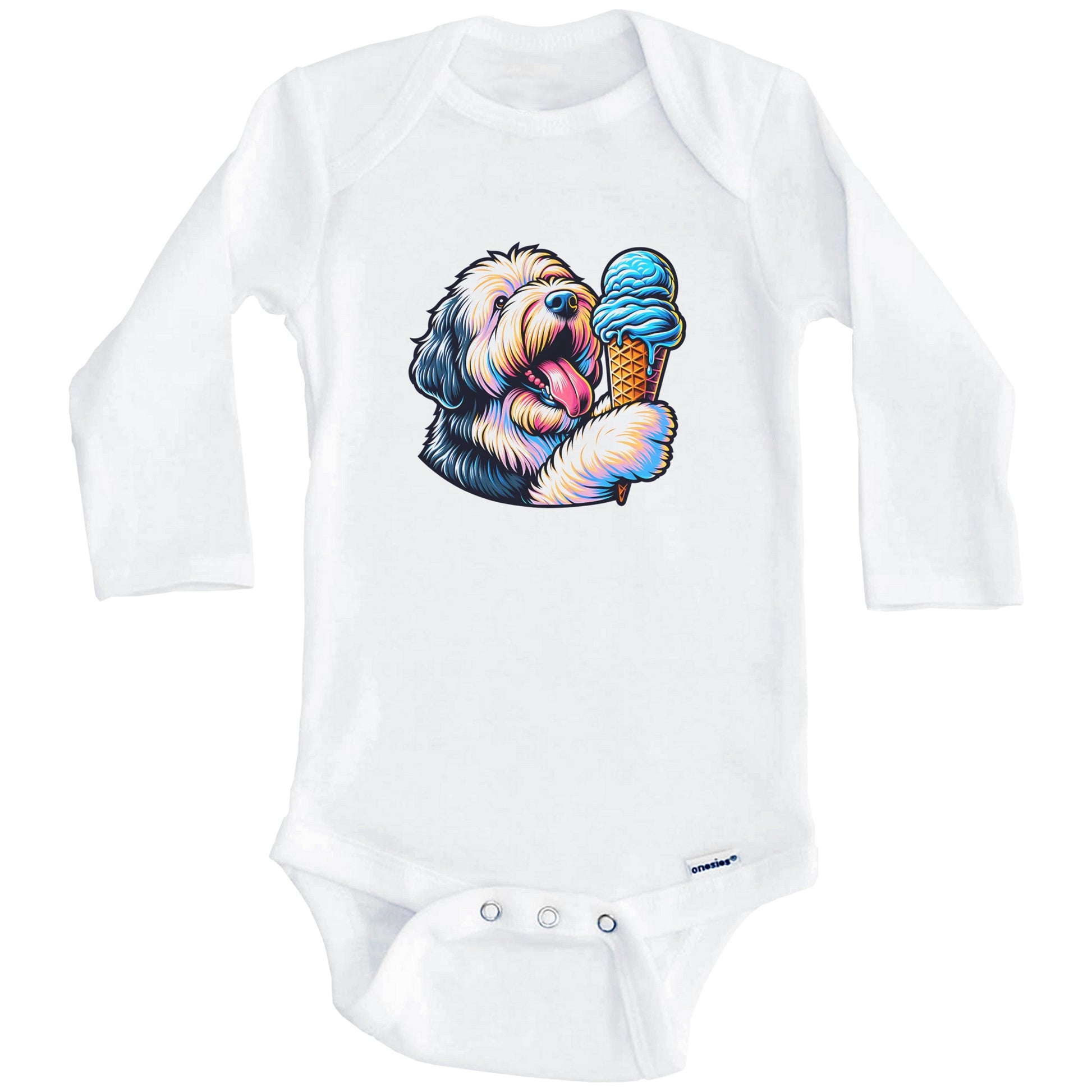 Old English Sheepdog Eating Ice Cream Cone Cute Dog Baby Bodysuit (Long Sleeves)