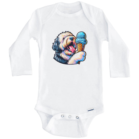 Old English Sheepdog Eating Ice Cream Cone Cute Dog Baby Bodysuit (Long Sleeves)