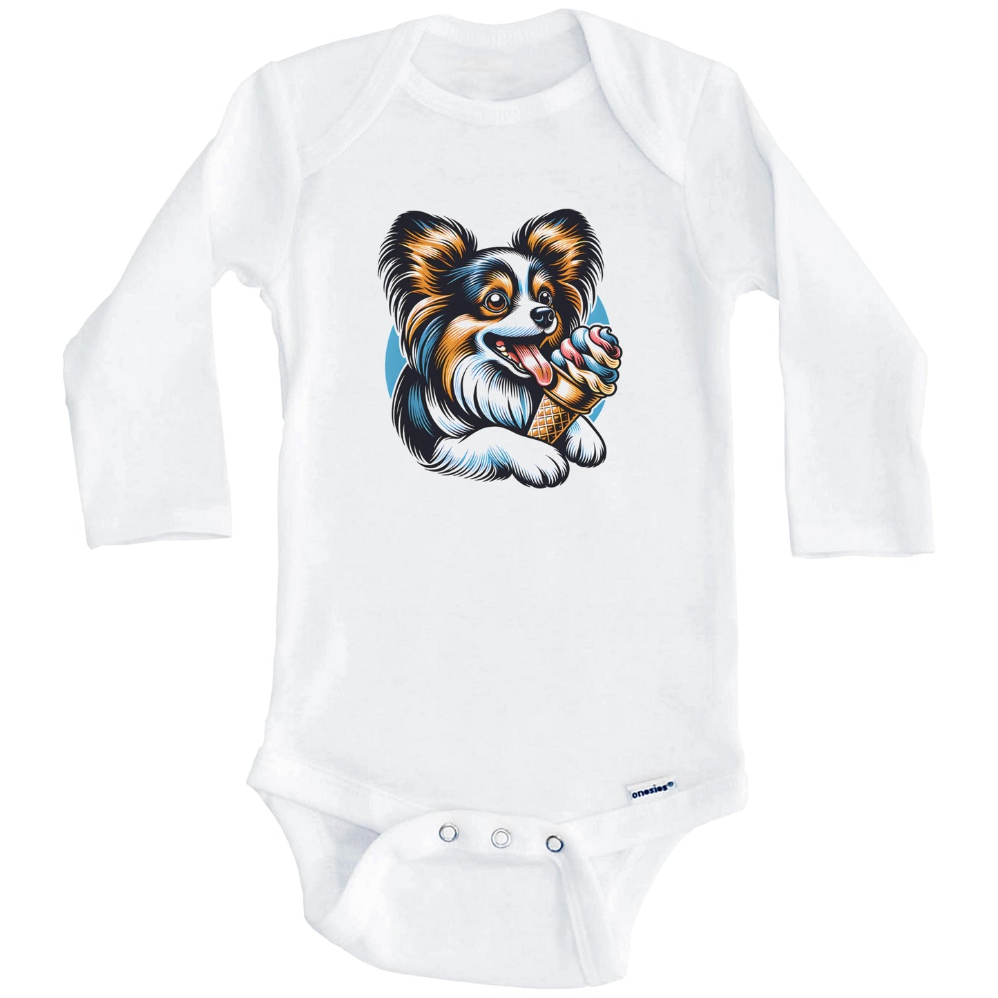 Papillon Eating Ice Cream Cone Cute Dog Baby Bodysuit (Long Sleeves)