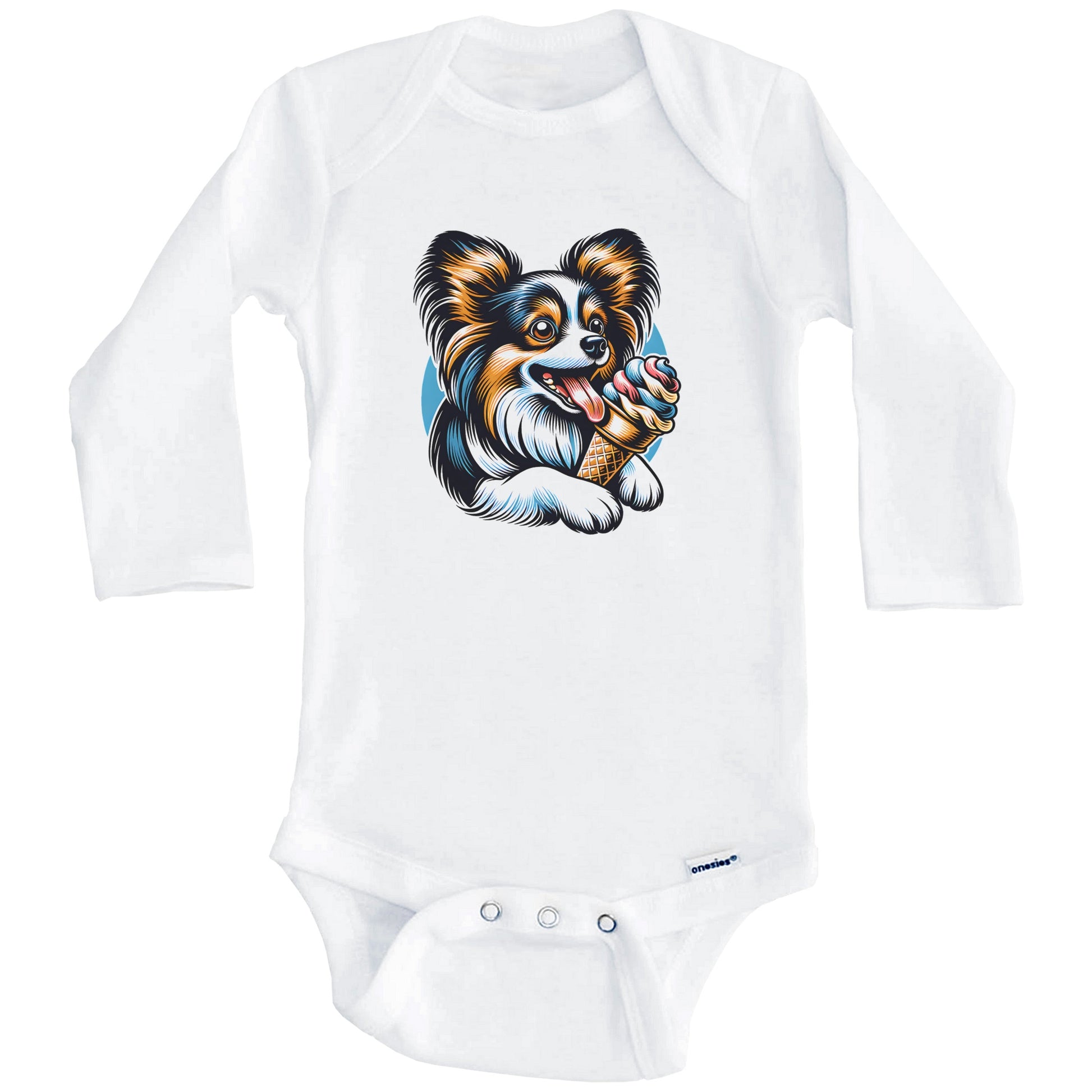 Papillon Eating Ice Cream Cone Cute Dog Baby Bodysuit (Long Sleeves)