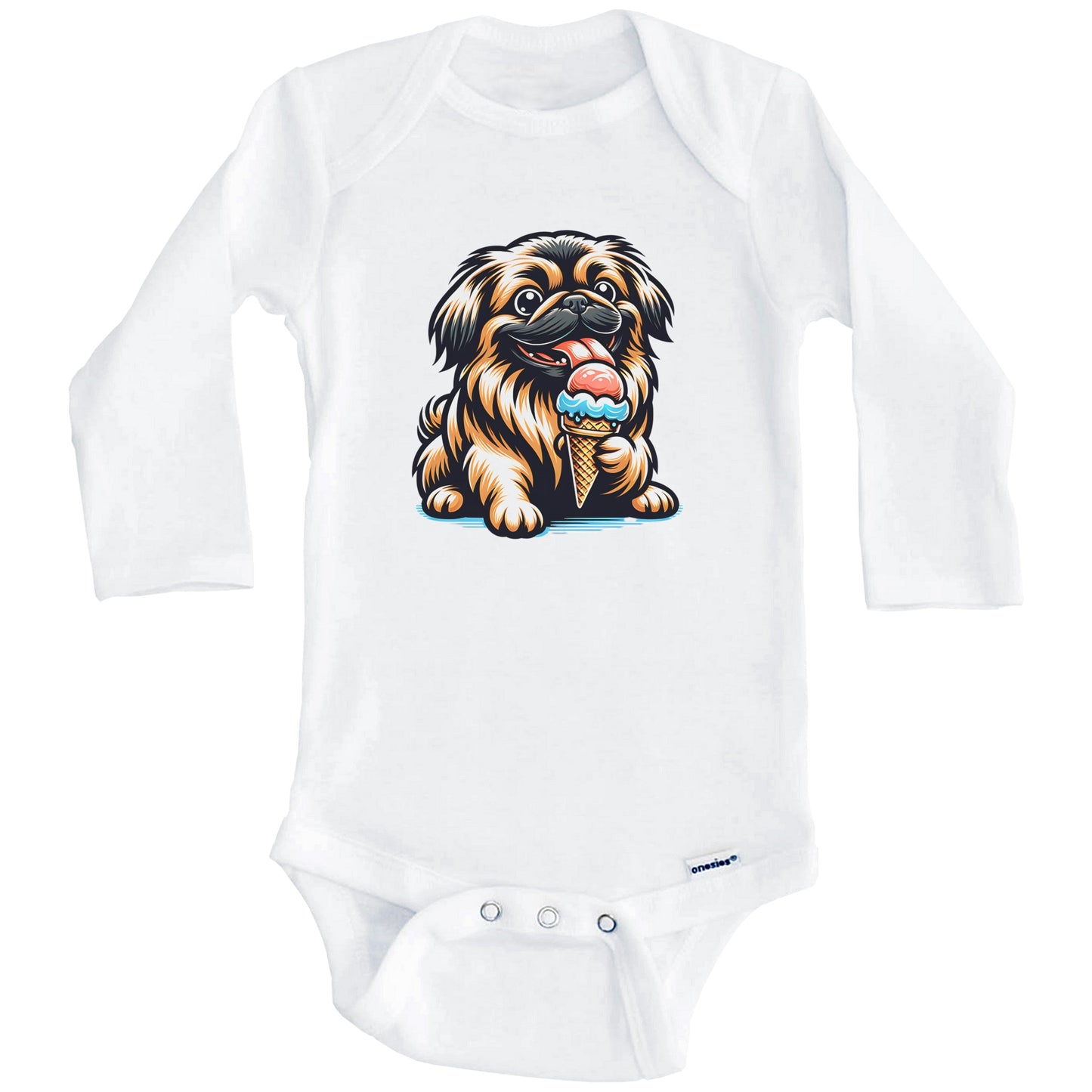 Pekingese Eating Ice Cream Cone Cute Dog Baby Bodysuit (Long Sleeves)