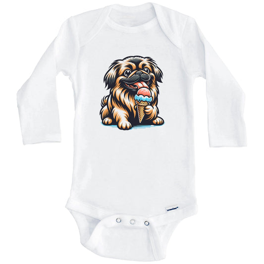 Pekingese Eating Ice Cream Cone Cute Dog Baby Bodysuit (Long Sleeves)