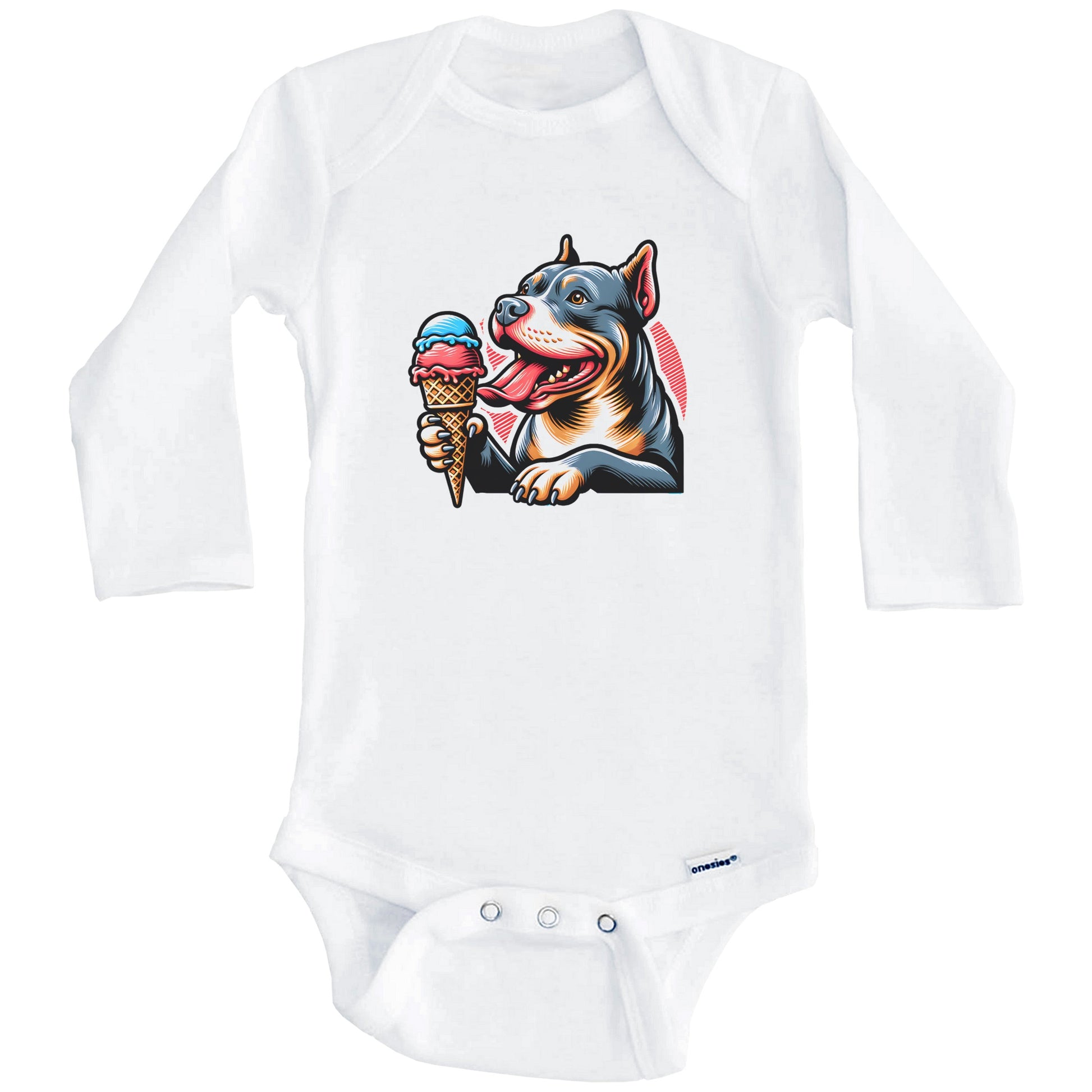 Pit Bull Eating Ice Cream Cone Cute Dog Baby Bodysuit (Long Sleeves)