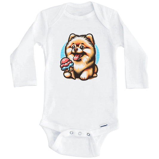 Pomeranian Eating Ice Cream Cone Cute Dog Baby Bodysuit (Long Sleeves)
