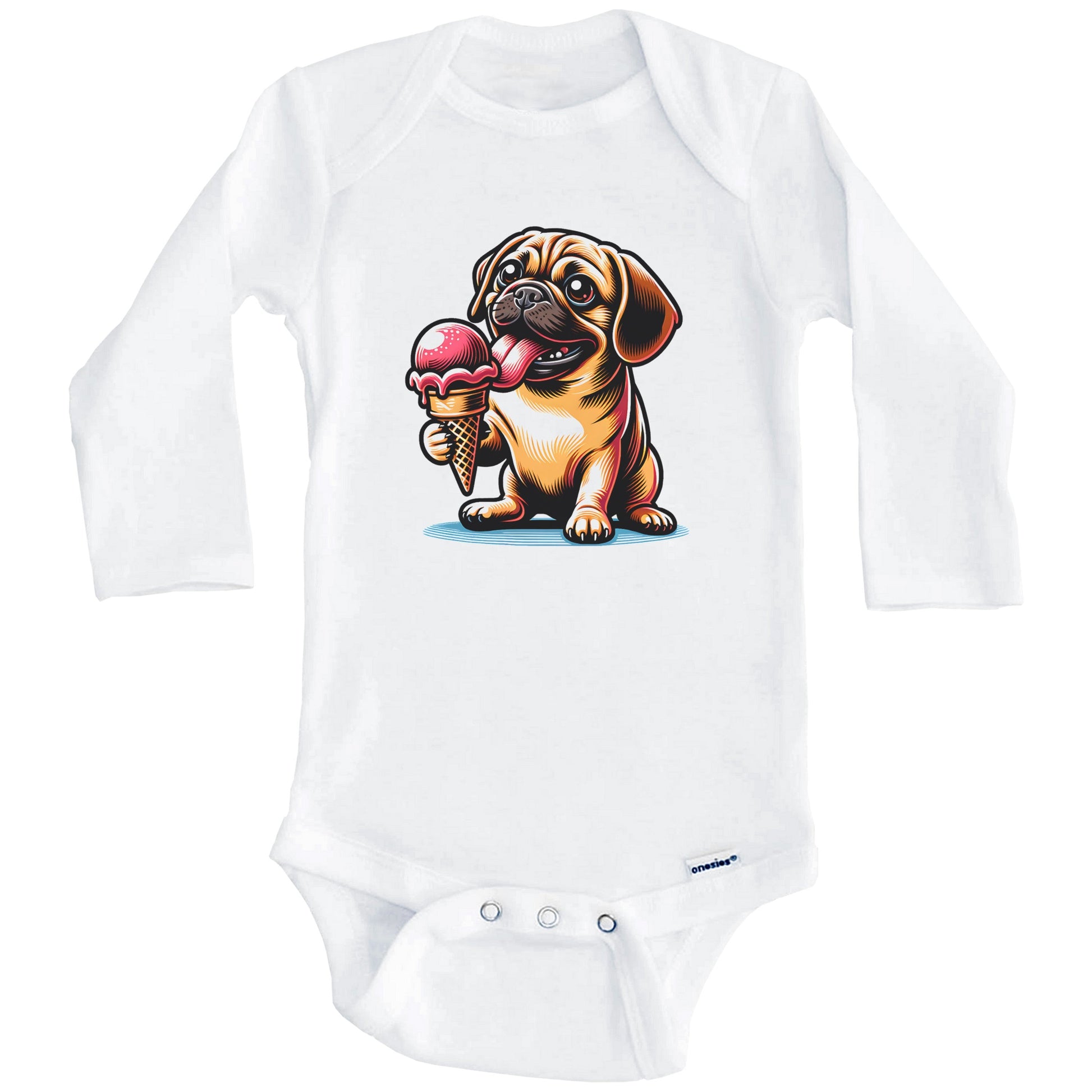 Puggle Eating Ice Cream Cone Cute Dog Baby Bodysuit (Long Sleeves)