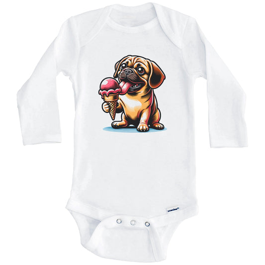 Puggle Eating Ice Cream Cone Cute Dog Baby Bodysuit (Long Sleeves)