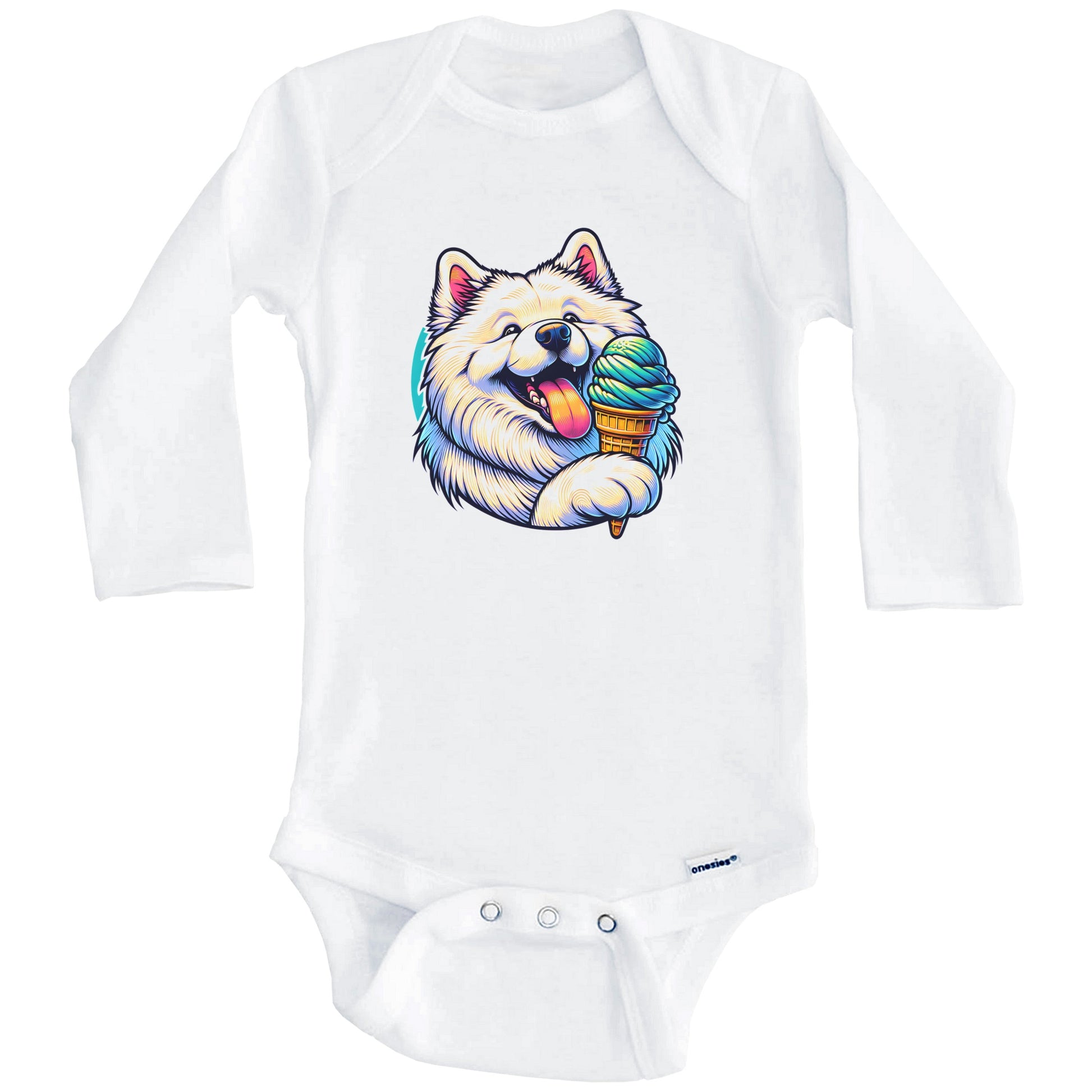 Samoyed Eating Ice Cream Cone Cute Dog Baby Bodysuit (Long Sleeves)