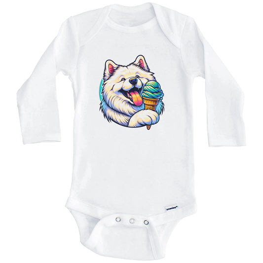Samoyed Eating Ice Cream Cone Cute Dog Baby Bodysuit (Long Sleeves)