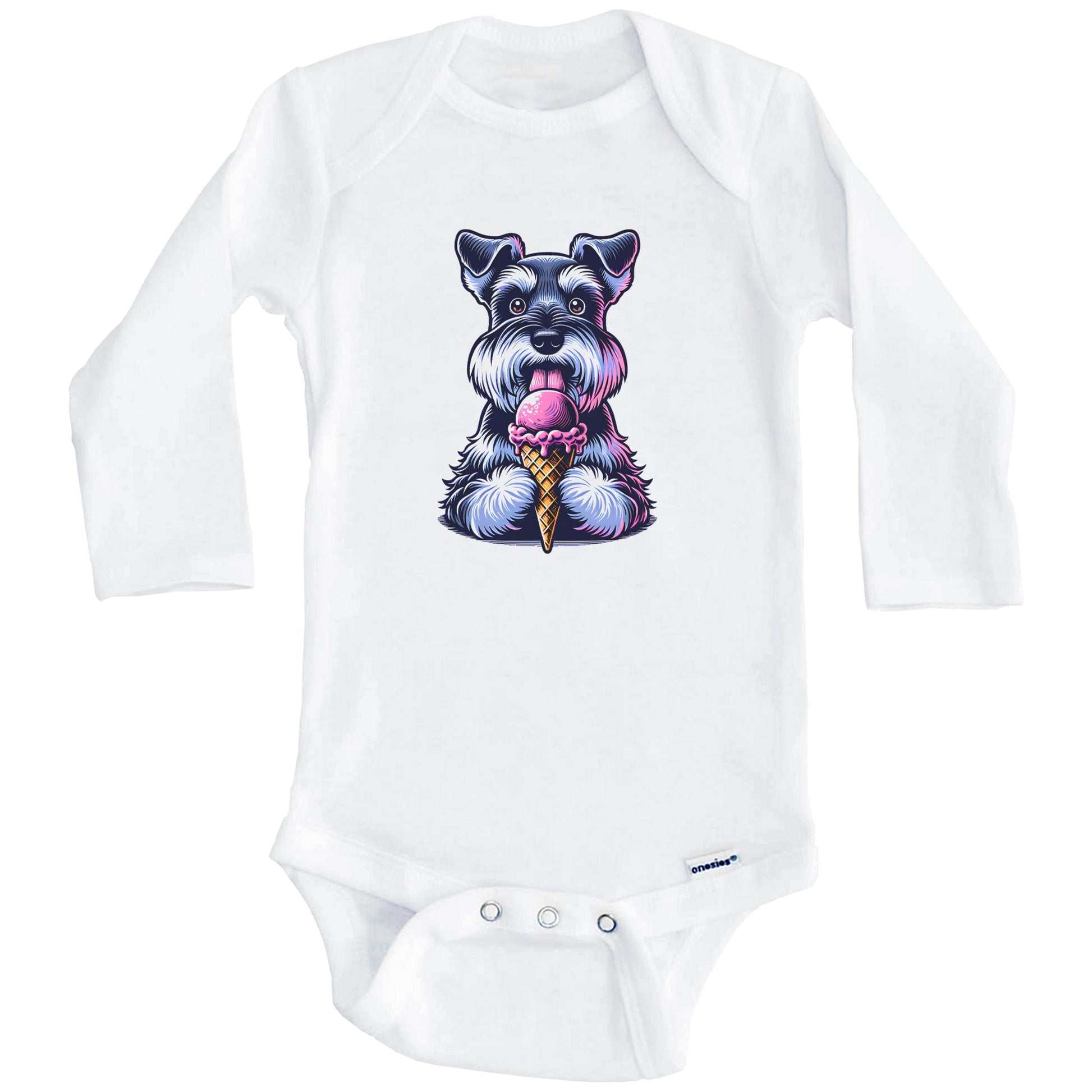 Schnauzer Eating Ice Cream Cone Cute Dog Baby Bodysuit (Long Sleeves)