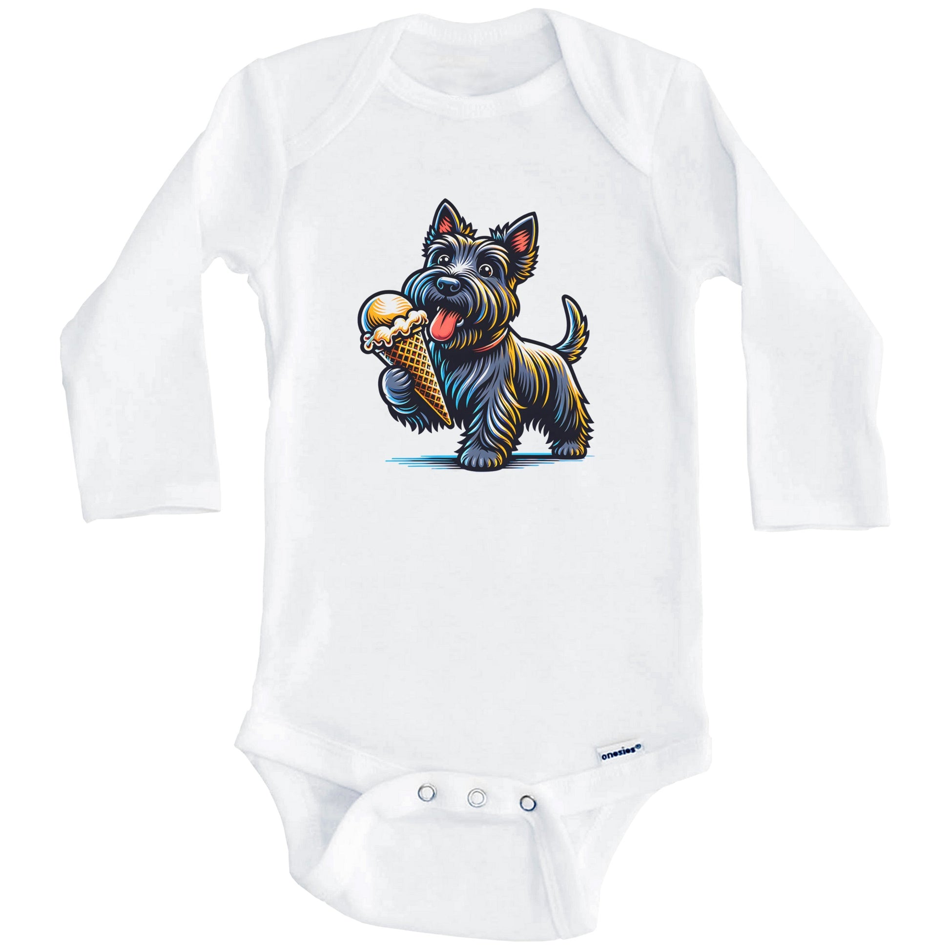 Scottish Terrier Eating Ice Cream Cone Cute Dog Baby Bodysuit (Long Sleeves)