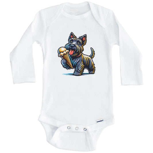 Scottish Terrier Eating Ice Cream Cone Cute Dog Baby Bodysuit (Long Sleeves)