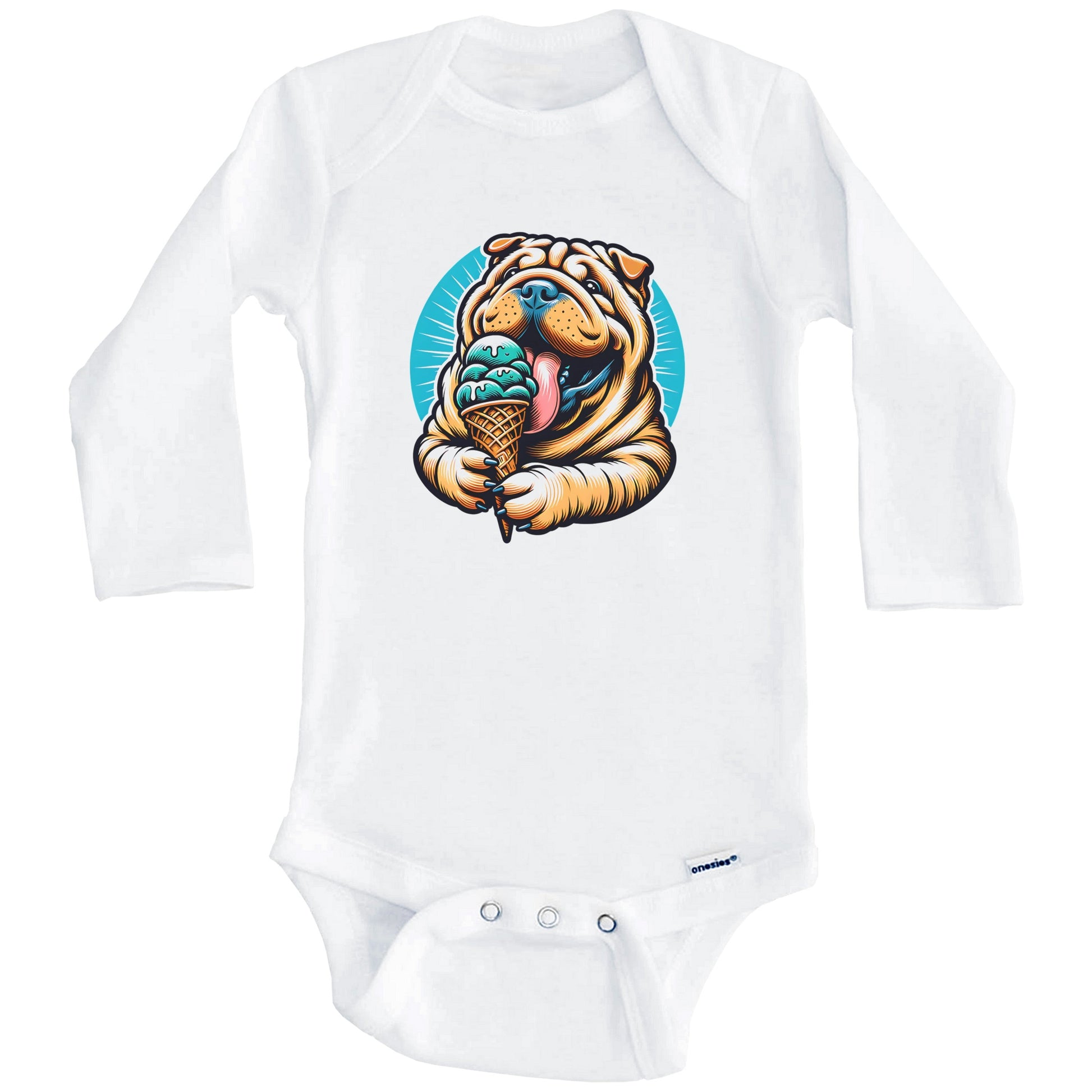 Shar Pei Eating Ice Cream Cone Cute Dog Baby Bodysuit (Long Sleeves)