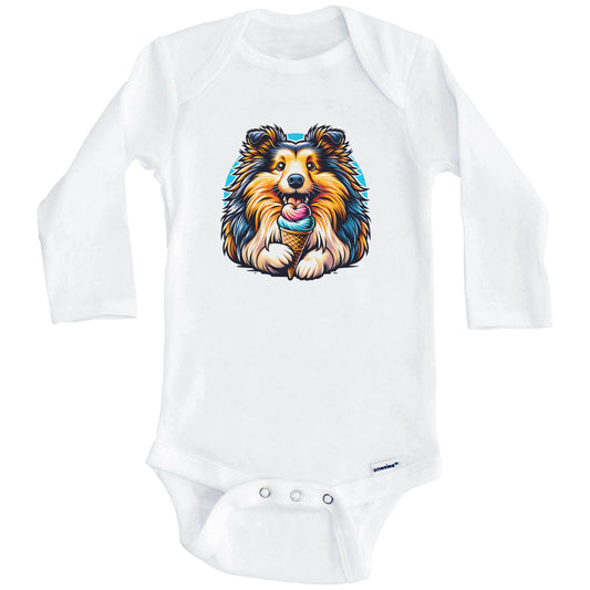 Shetland Sheepdog Eating Ice Cream Cone Cute Dog Baby Bodysuit (Long Sleeves)