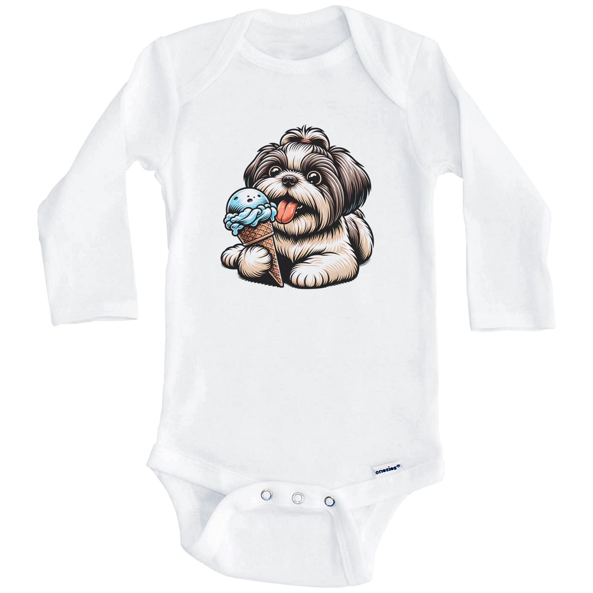 Shih Tzu Eating Ice Cream Cone Cute Dog Baby Bodysuit (Long Sleeves)