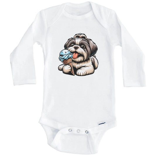 Shih Tzu Eating Ice Cream Cone Cute Dog Baby Bodysuit (Long Sleeves)