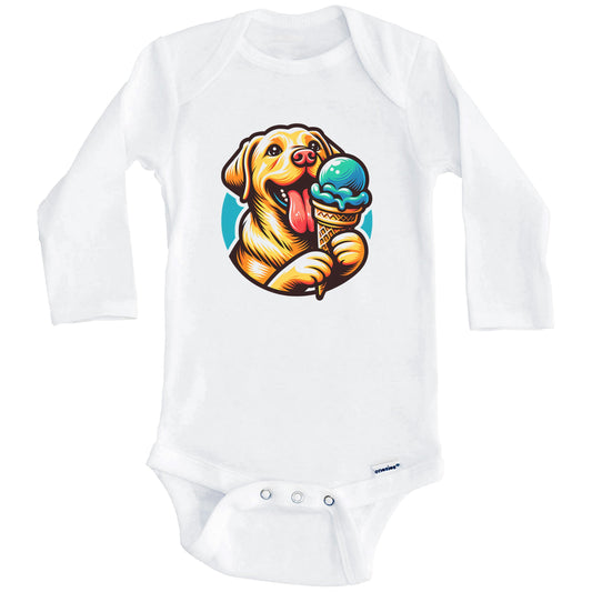 Yellow Lab Eating Ice Cream Cone Cute Dog Baby Bodysuit (Long Sleeves)