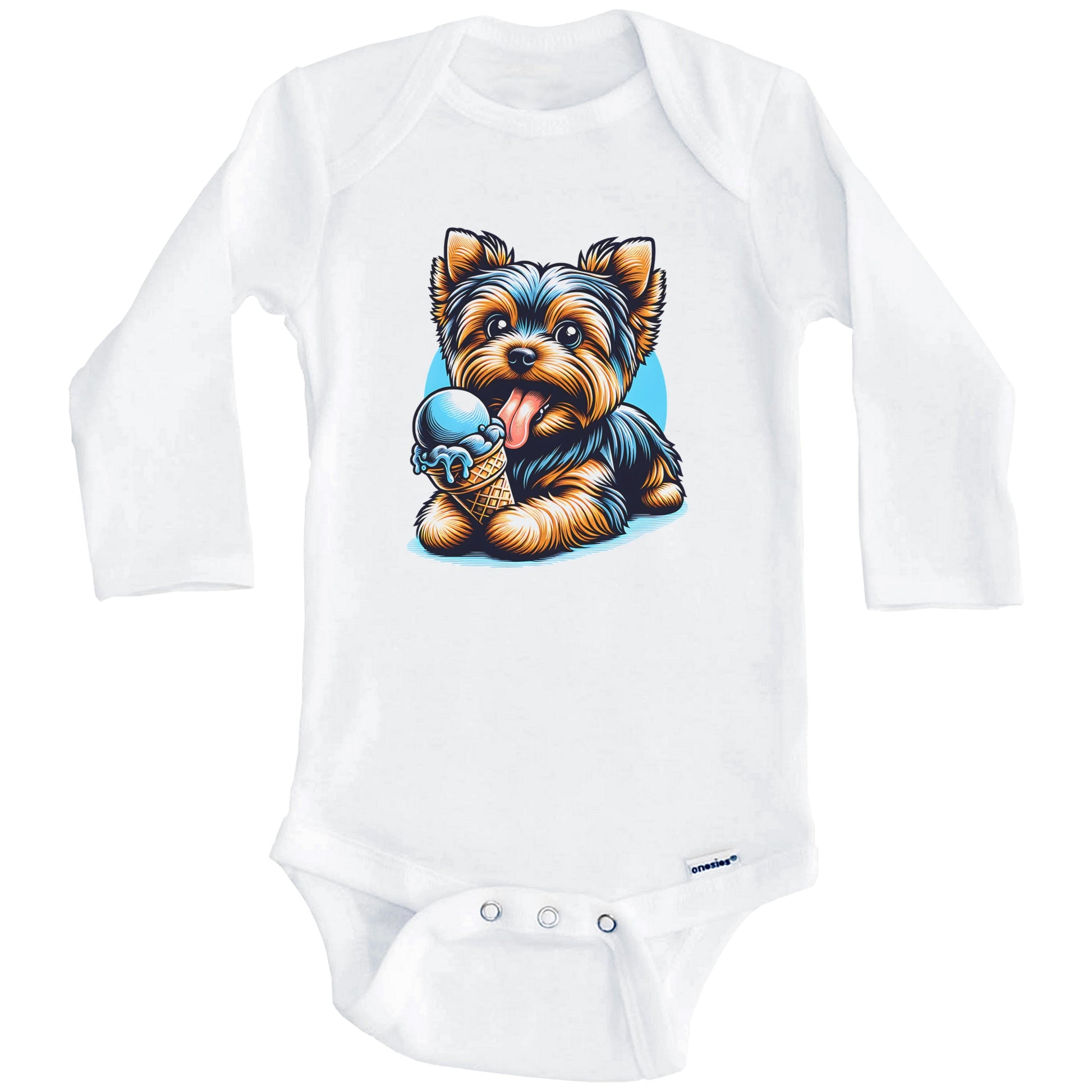 Yorkshire Terrier Eating Ice Cream Cone Cute Dog Baby Bodysuit (Long Sleeves)