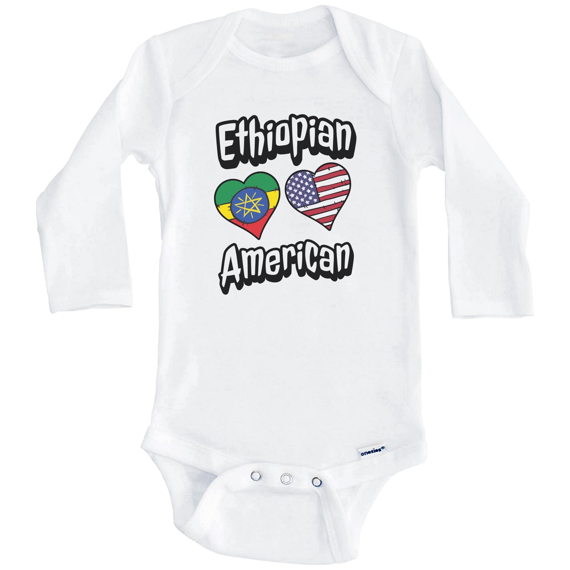 Ethiopian American Flag Hearts Combo Ethiopia Baby Bodysuit (Long Sleeves)