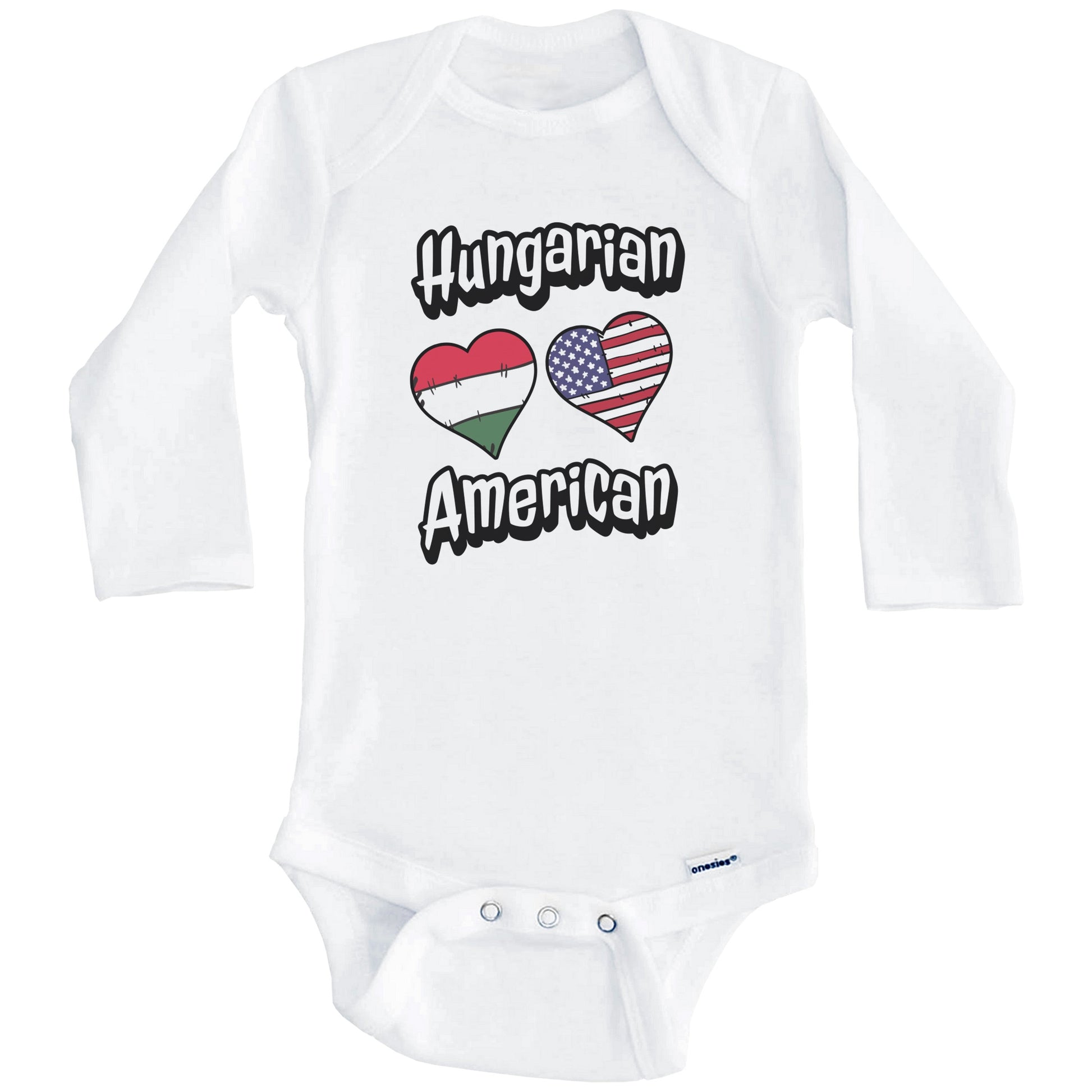 Hungarian American Flag Hearts Combo Hungary Baby Bodysuit (Long Sleeves)