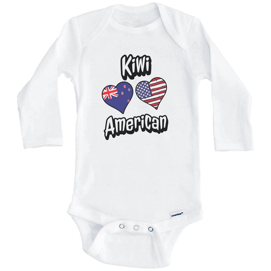 Kiwi American Flag Hearts Combo New Zealand Baby Bodysuit (Long Sleeves)