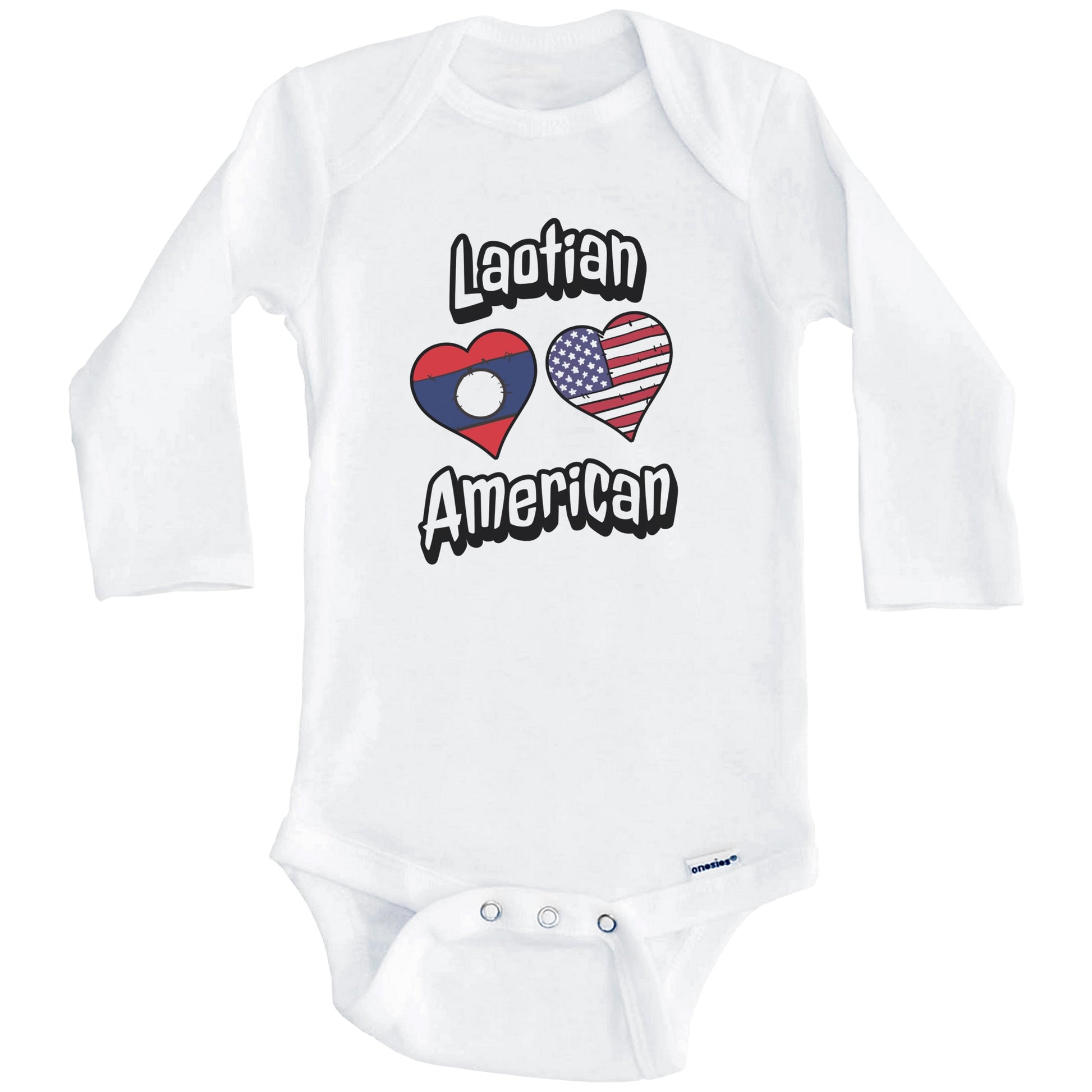 Laotian American Flag Hearts Combo Laos Baby Bodysuit (Long Sleeves)