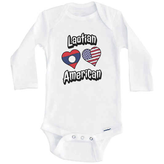 Laotian American Flag Hearts Combo Laos Baby Bodysuit (Long Sleeves)