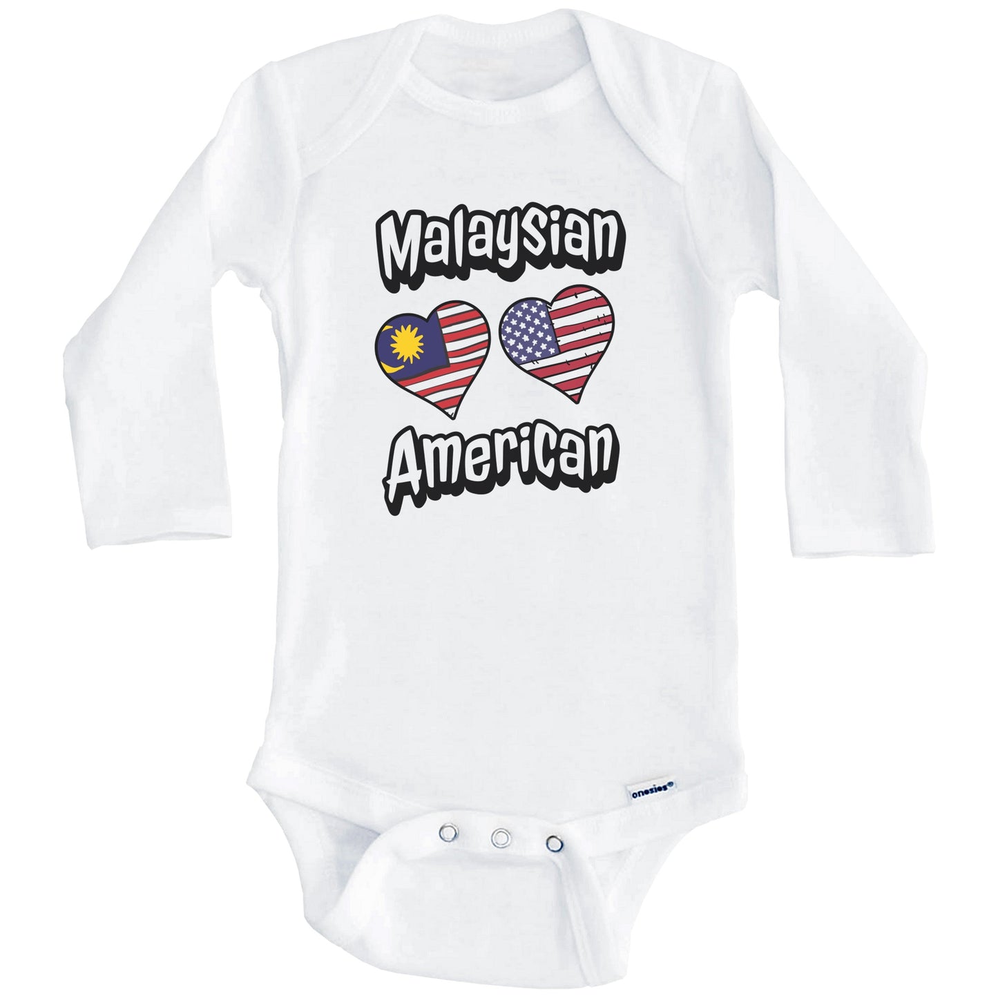 Malaysian American Flag Hearts Combo Malaysia Baby Bodysuit (Long Sleeves)