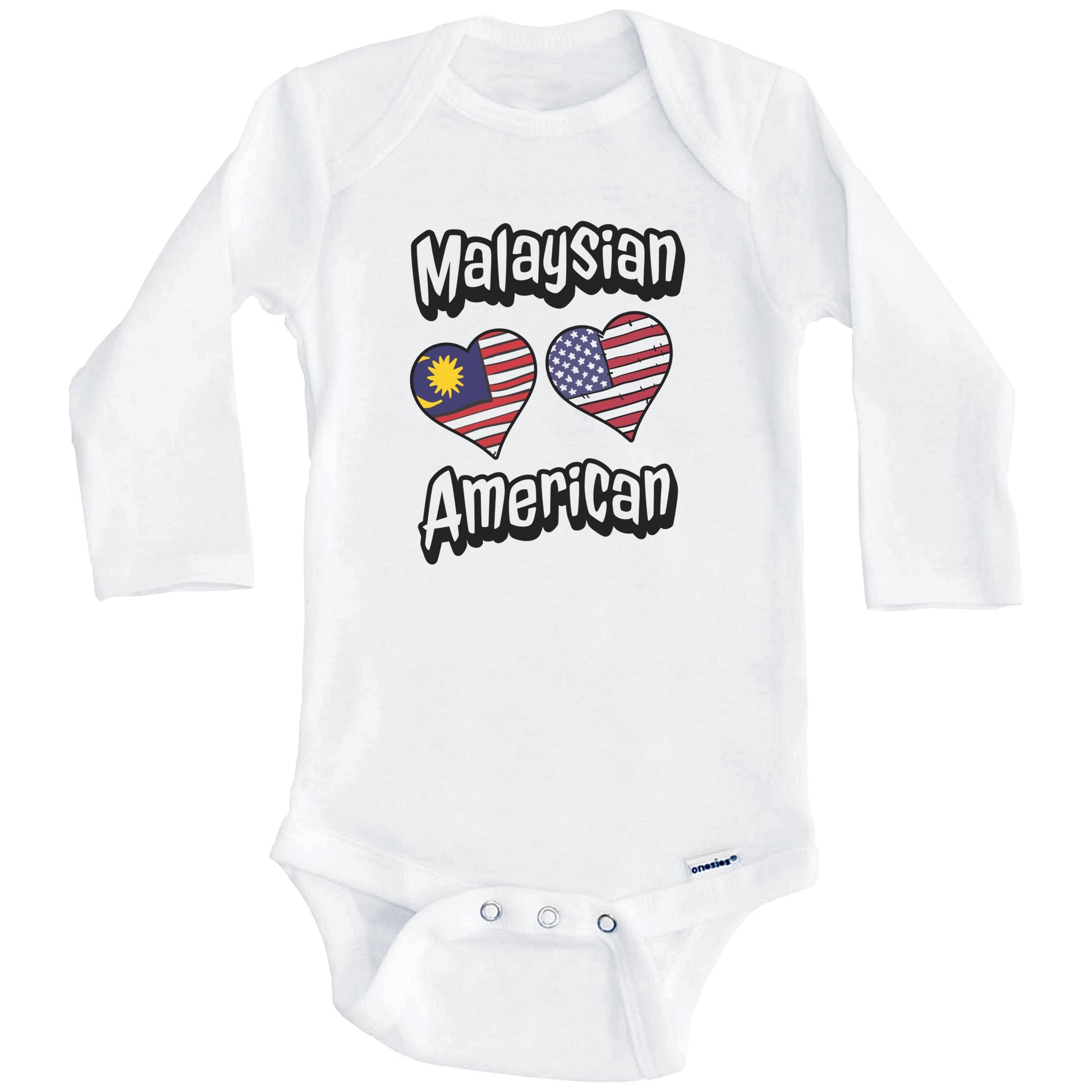 Malaysian American Flag Hearts Combo Malaysia Baby Bodysuit (Long Sleeves)