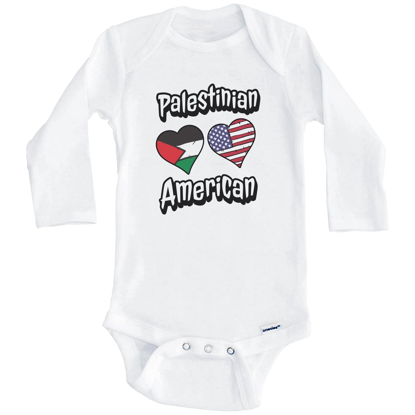 Palestinian American Flag Hearts Combo Palestine Baby Bodysuit (Long Sleeves)