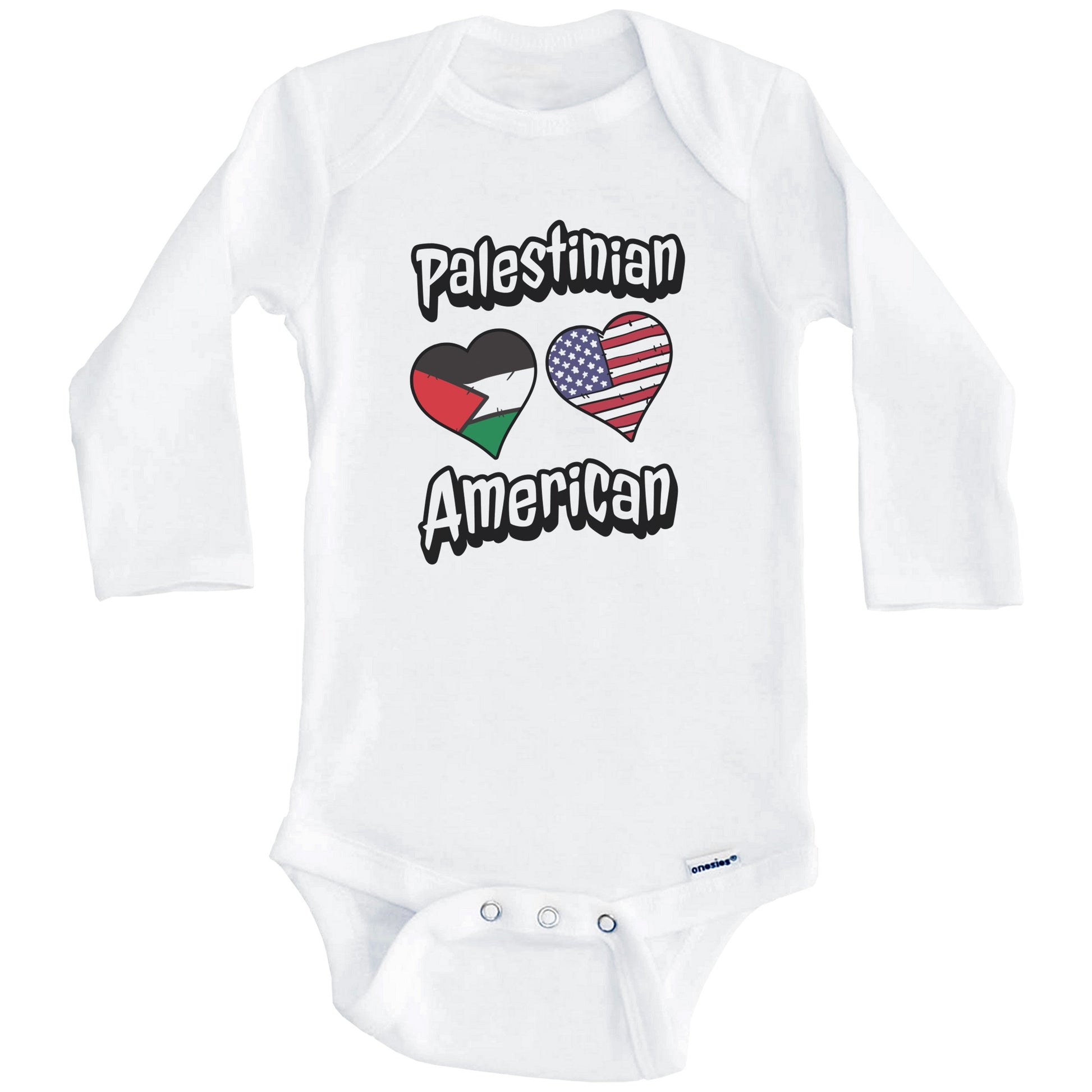 Palestinian American Flag Hearts Combo Palestine Baby Bodysuit (Long Sleeves)