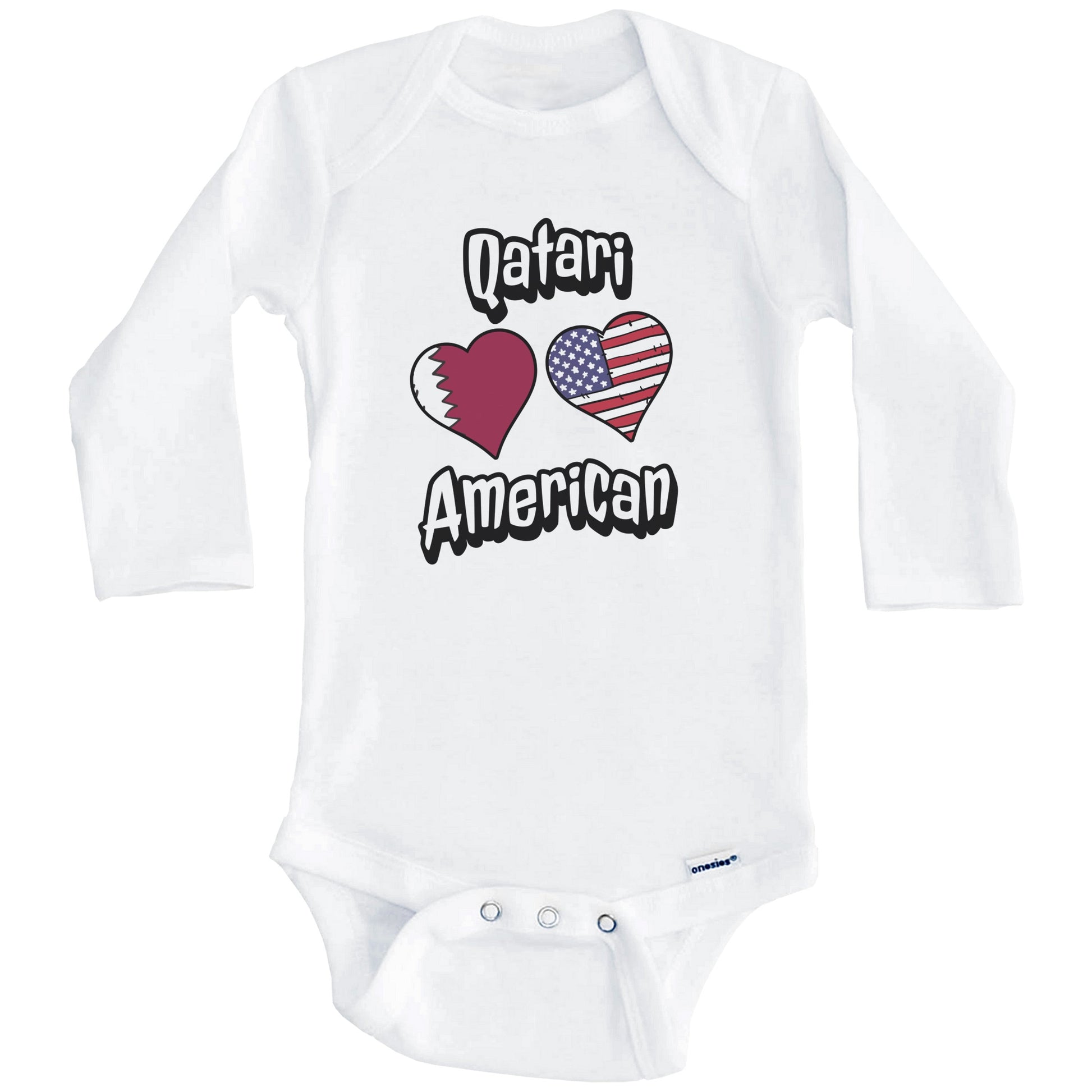 Qatari American Flag Hearts Combo Qatar Baby Bodysuit (Long Sleeves)
