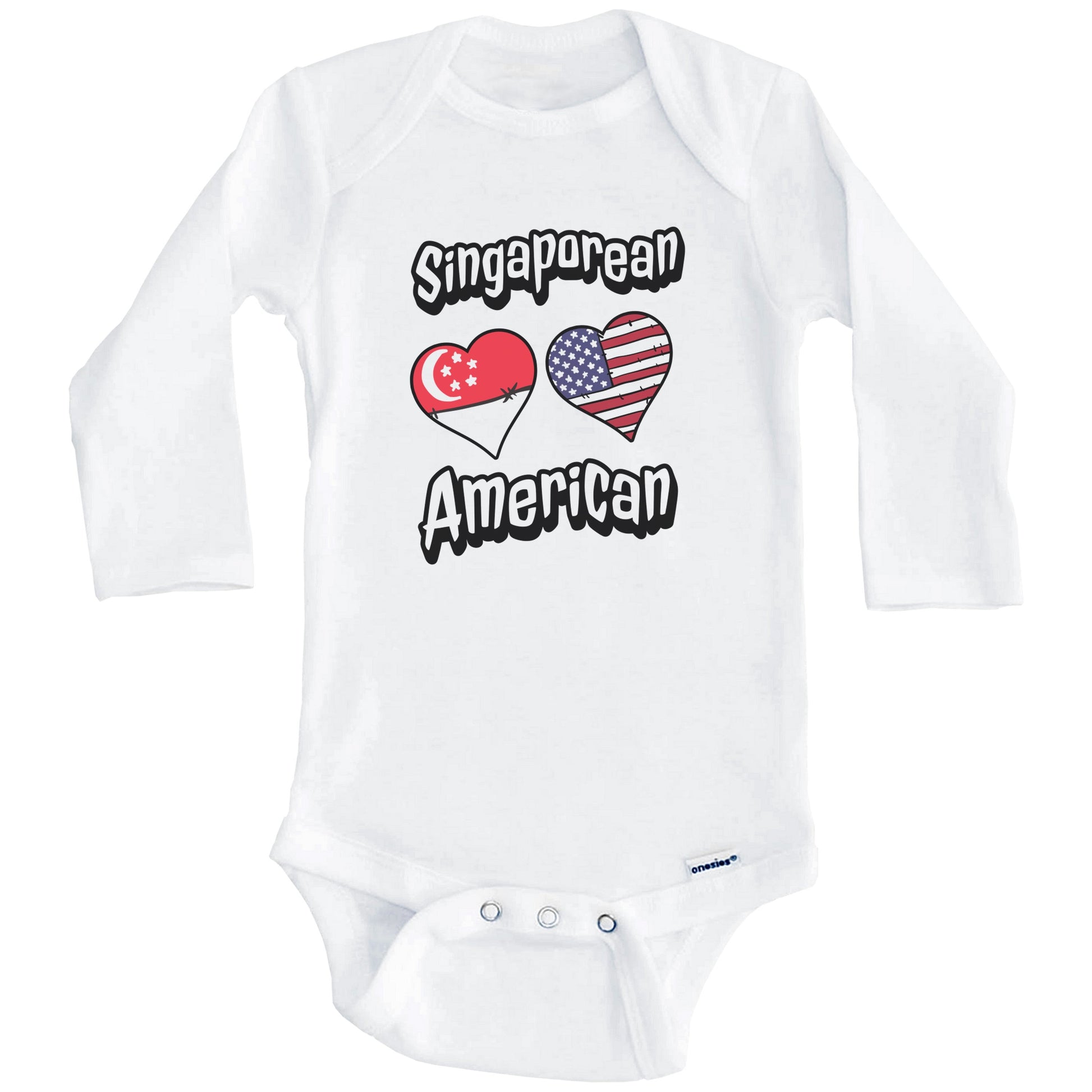Singaporean American Flag Hearts Combo Singapore Baby Bodysuit (Long Sleeves)