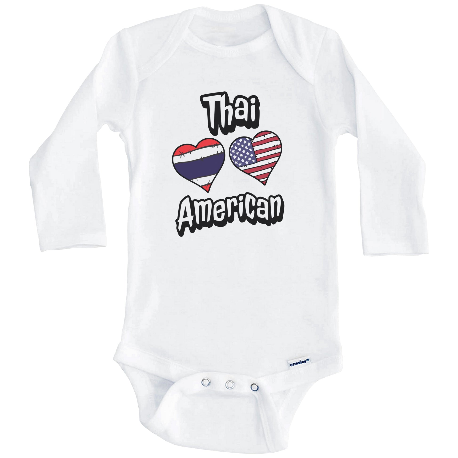 Thai American Flag Hearts Combo Thailand Baby Bodysuit (Long Sleeves)