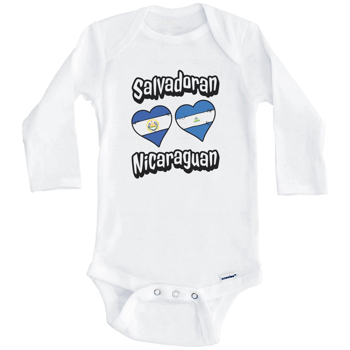 Salvadoran Nicaraguan Flag Heart Combo El Salvador Nicaragua Baby Bodysuit (Long Sleeves)