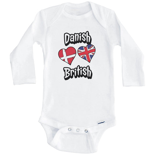 Danish British Flag Heart Combo Denmark UK Baby Bodysuit (Long Sleeves)