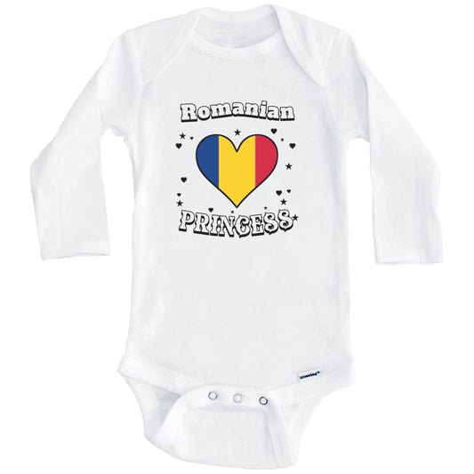 Romanian Princess Romania Flag Heart Baby Girl Bodysuit (Long Sleeves)