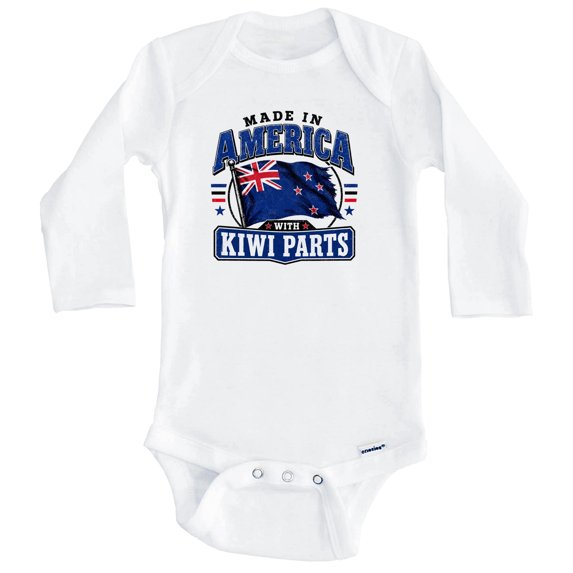 Made In America With Kiwi Parts New Zealand Flag Baby Bodysuit (Long Sleeves)