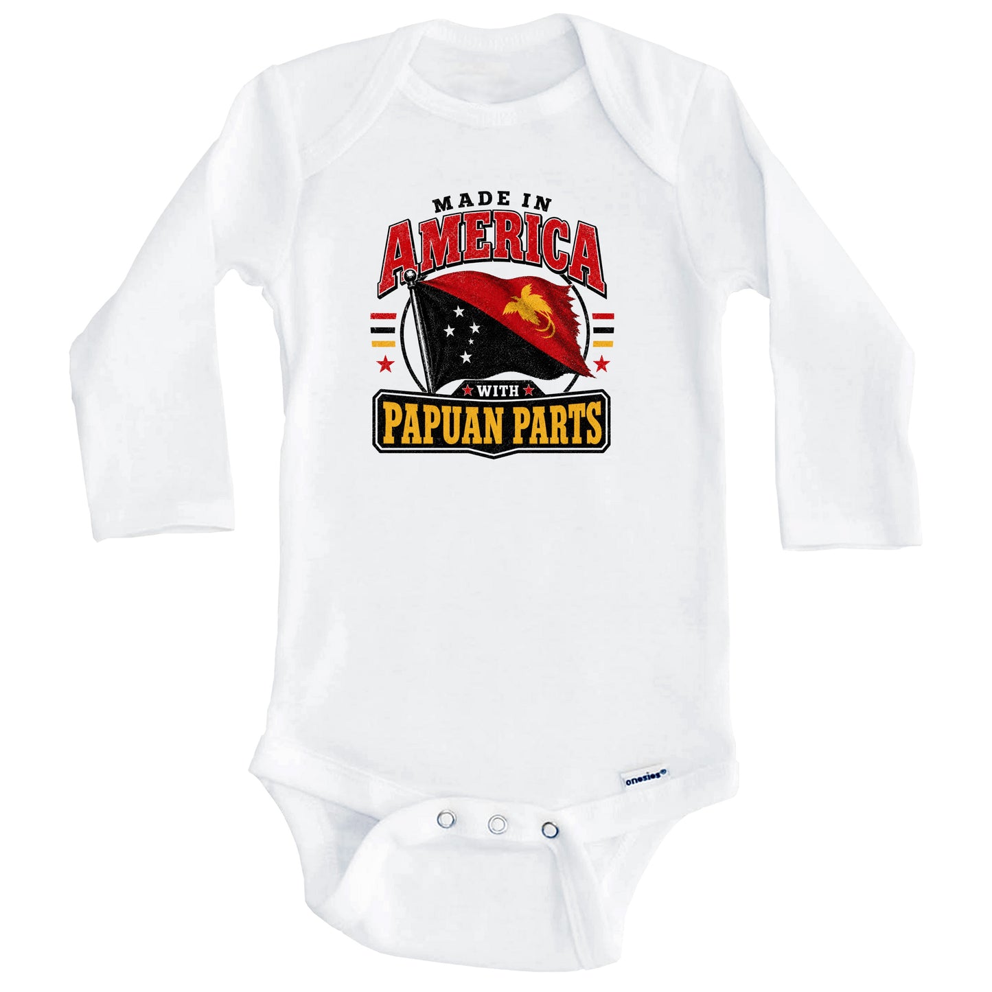 Made In America With Papuan Parts Papua New Guinea Flag Baby Bodysuit (Long Sleeves)